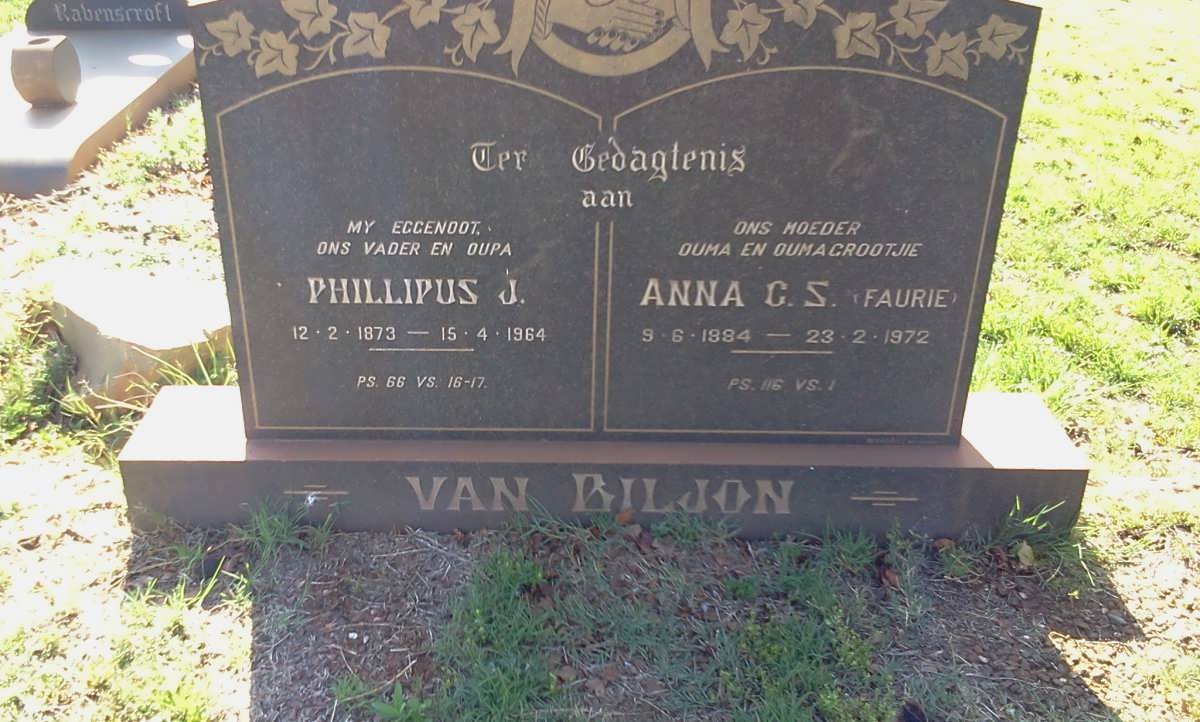 BILJON Phillipus J., van 1873-1964 &amp; Anna C.S. FAURIE 1884-1972
