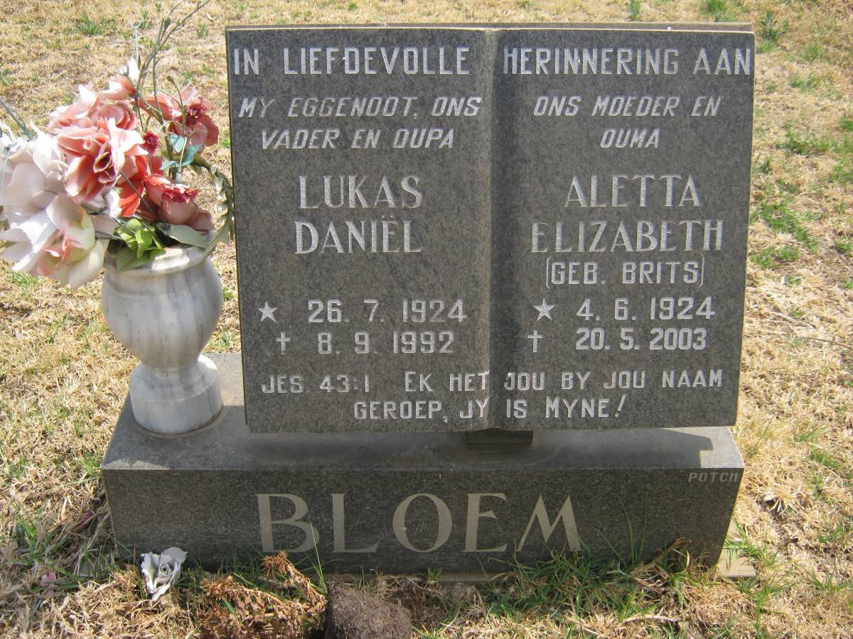 BLOEM Lukas Daniël 1924-1992 &amp; Aletta Elizabeth BRITS 1924-2003