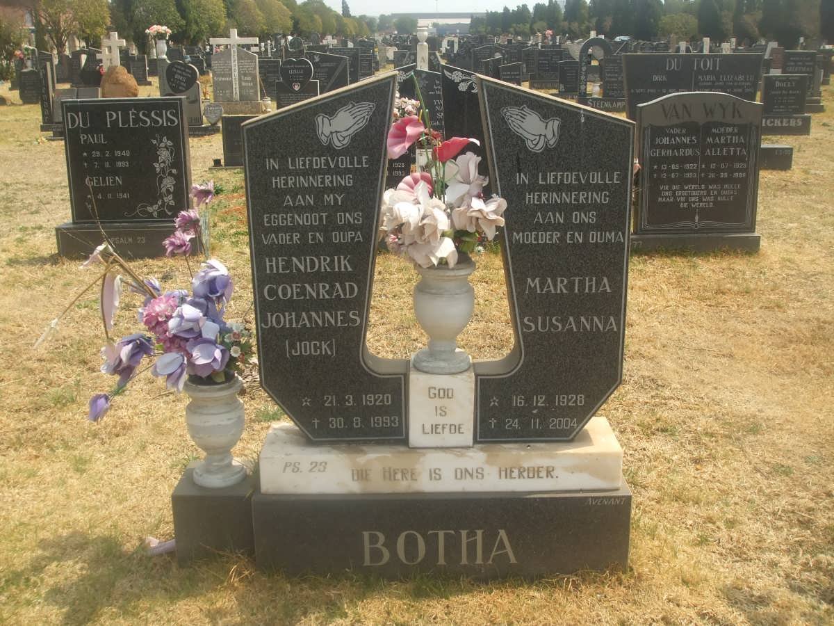 BOTHA Hendrik Coenraad Johannes 1920-1993 &amp; Martha Susanna 1928-2004