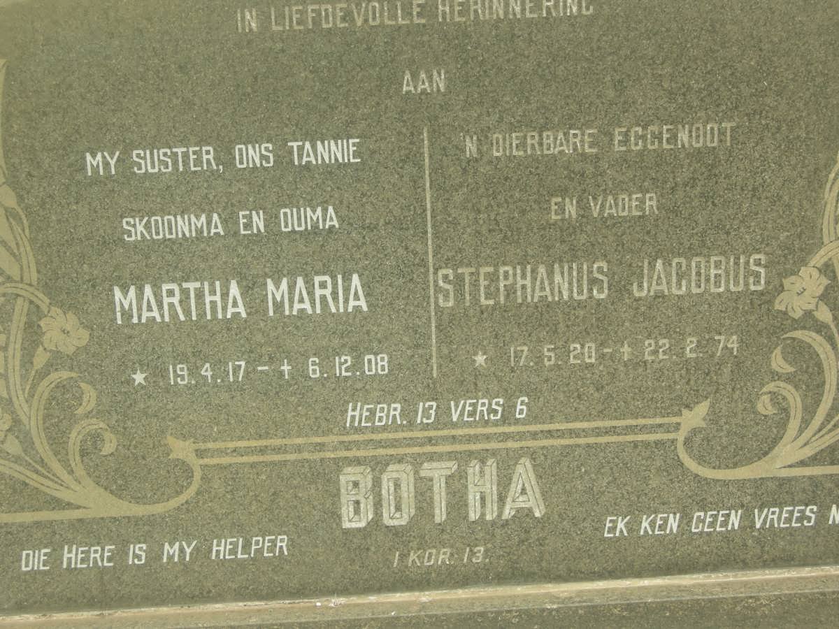 BOTHA Stephanus Jacob 1920-1974 &amp; Martha Maria 1917-2008