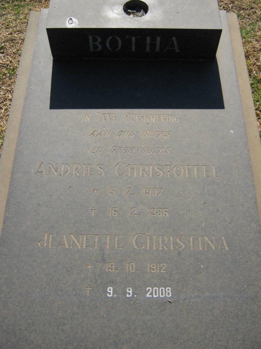 BOTHA Andries Christoffel 1907-1986 &amp; Jeanette Christina 1912-2008