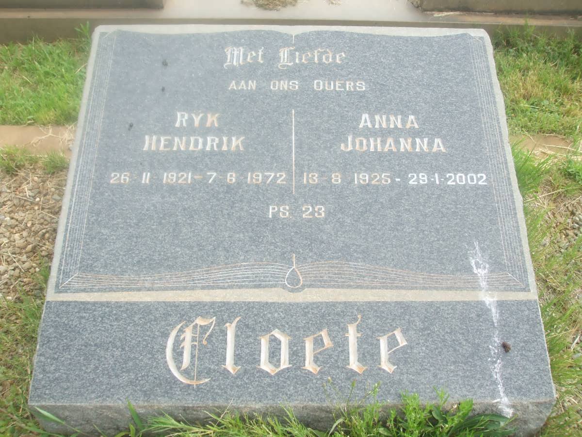 CLOETE Ryk Hendrik 1921-1972 &amp; Anna Johanna 1925-2002