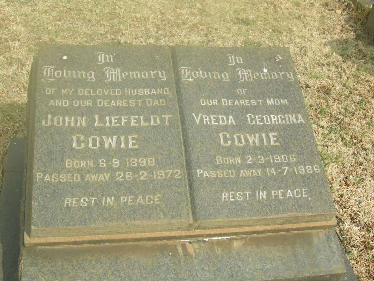 COWIE John Liefeldt 1898-1972 &amp; Vreda Georgina 1906-1986