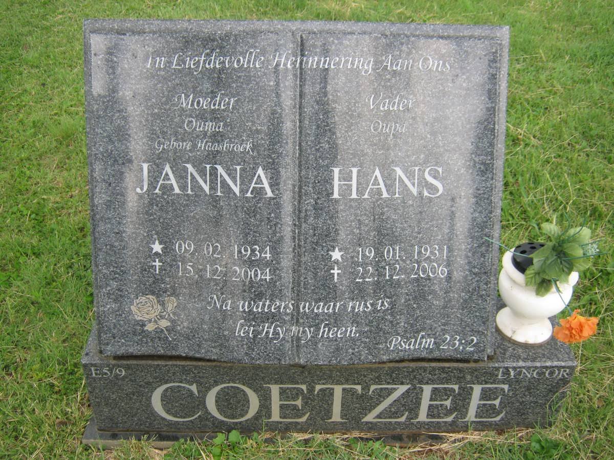 COETZEE Hans 1931-2006 &amp; Janna 1934-2004