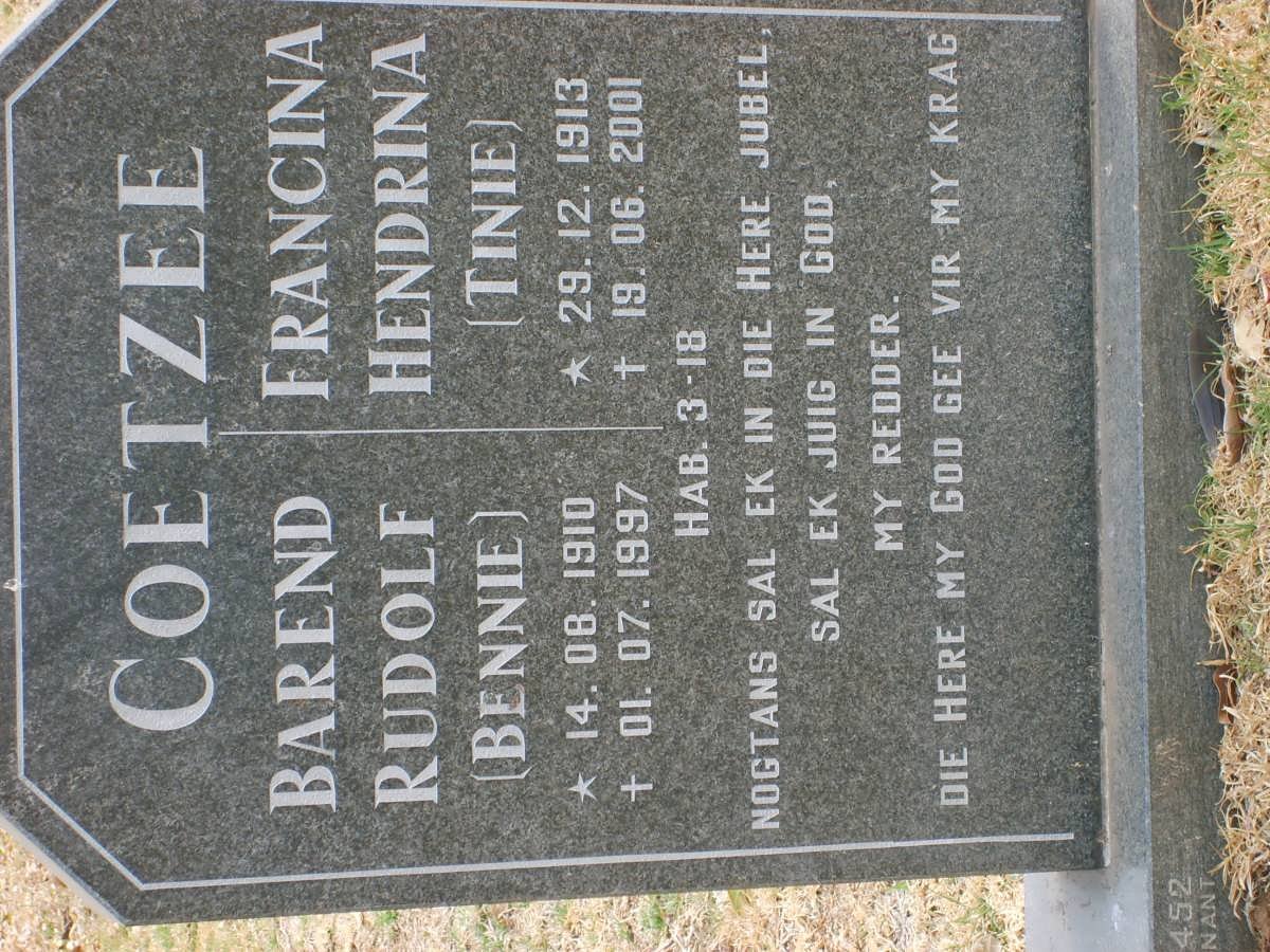 COETZEE Barend Rudolf 1910-1997 &amp; Francina Hendrina 1913-2001