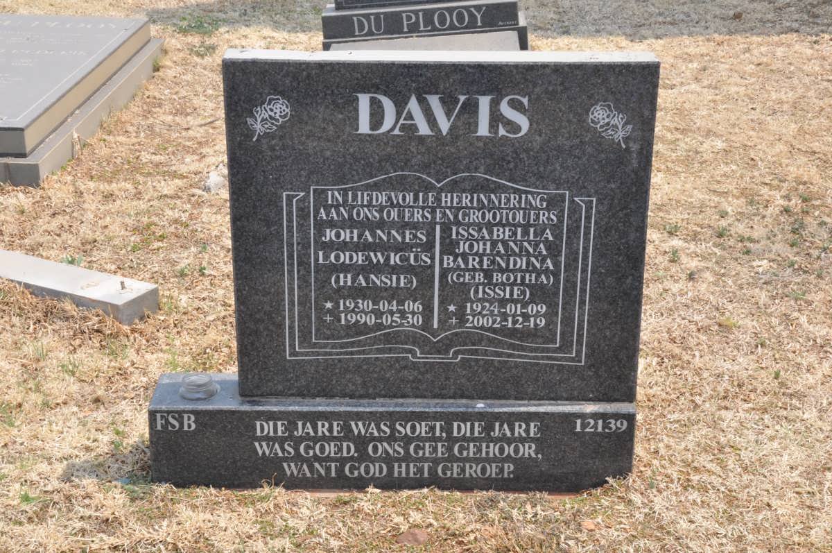 DAVIS Johannes Lodewicüs 1930-1990 &amp; Issabella Johanna Barendina BOTHA 1924-2002