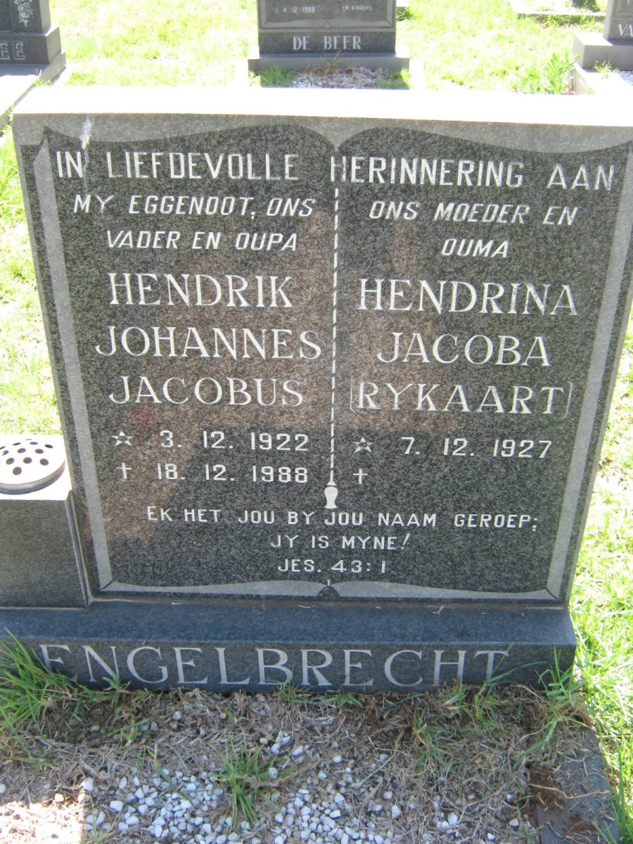 ENGELBRECHT Hendrik Johannes Jacobus 1922-1988 &amp; Hendrina Jacoba RYKAART 1927-