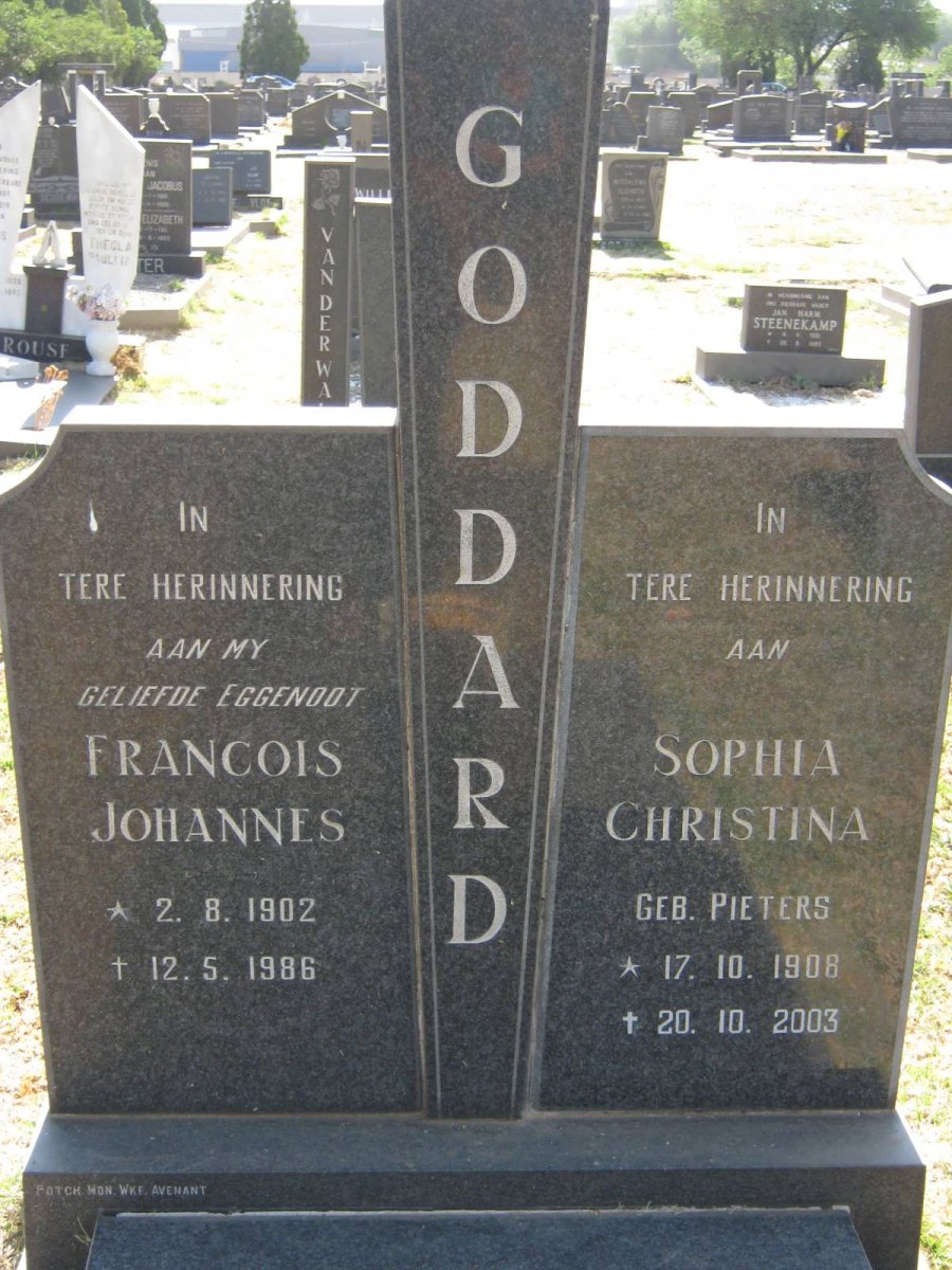 GODDARD Francois Johannes 1902-1986 &amp; Sophia Christina PIETERS 1908-2003