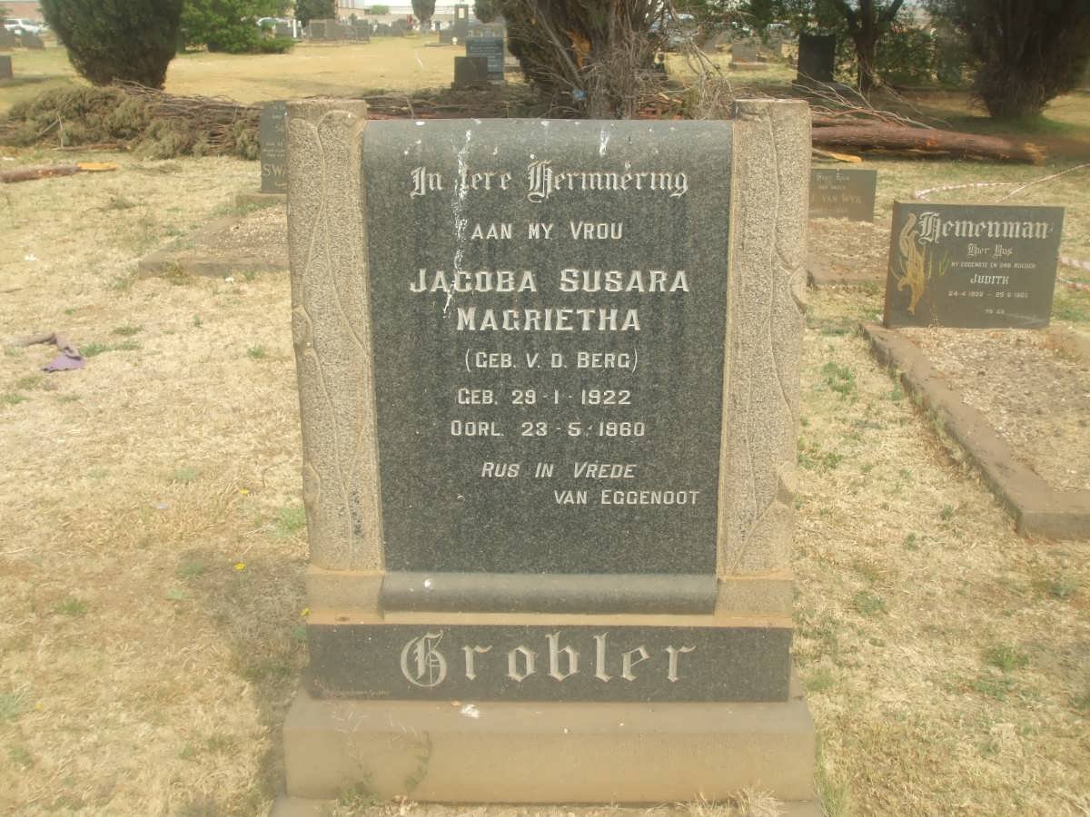 GROBLER Jacoba Susara Magrietha nee V.D.BERG 1922-1960