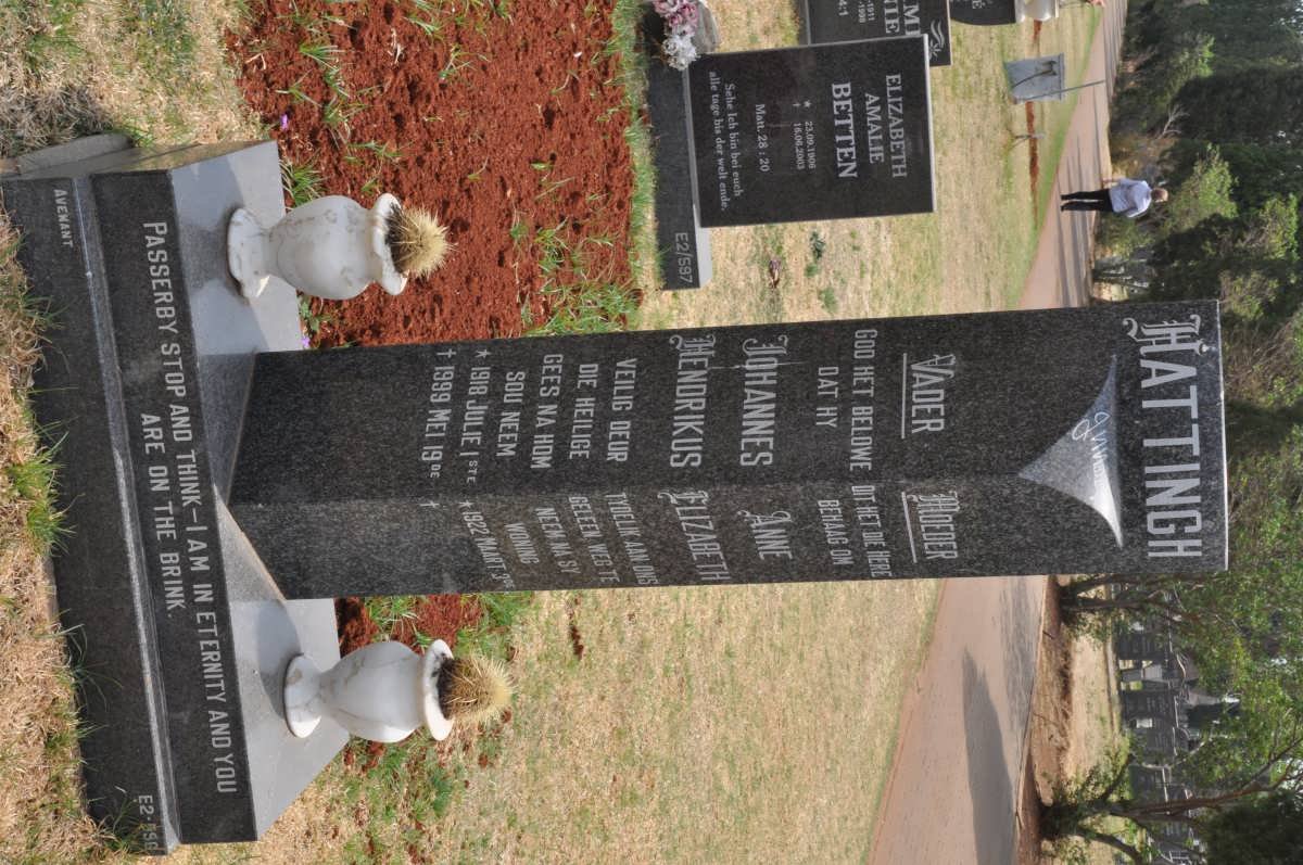 HATTINGH Johannes Hendrikus 1918-1999 &amp; Anne Elizabeth 1922-