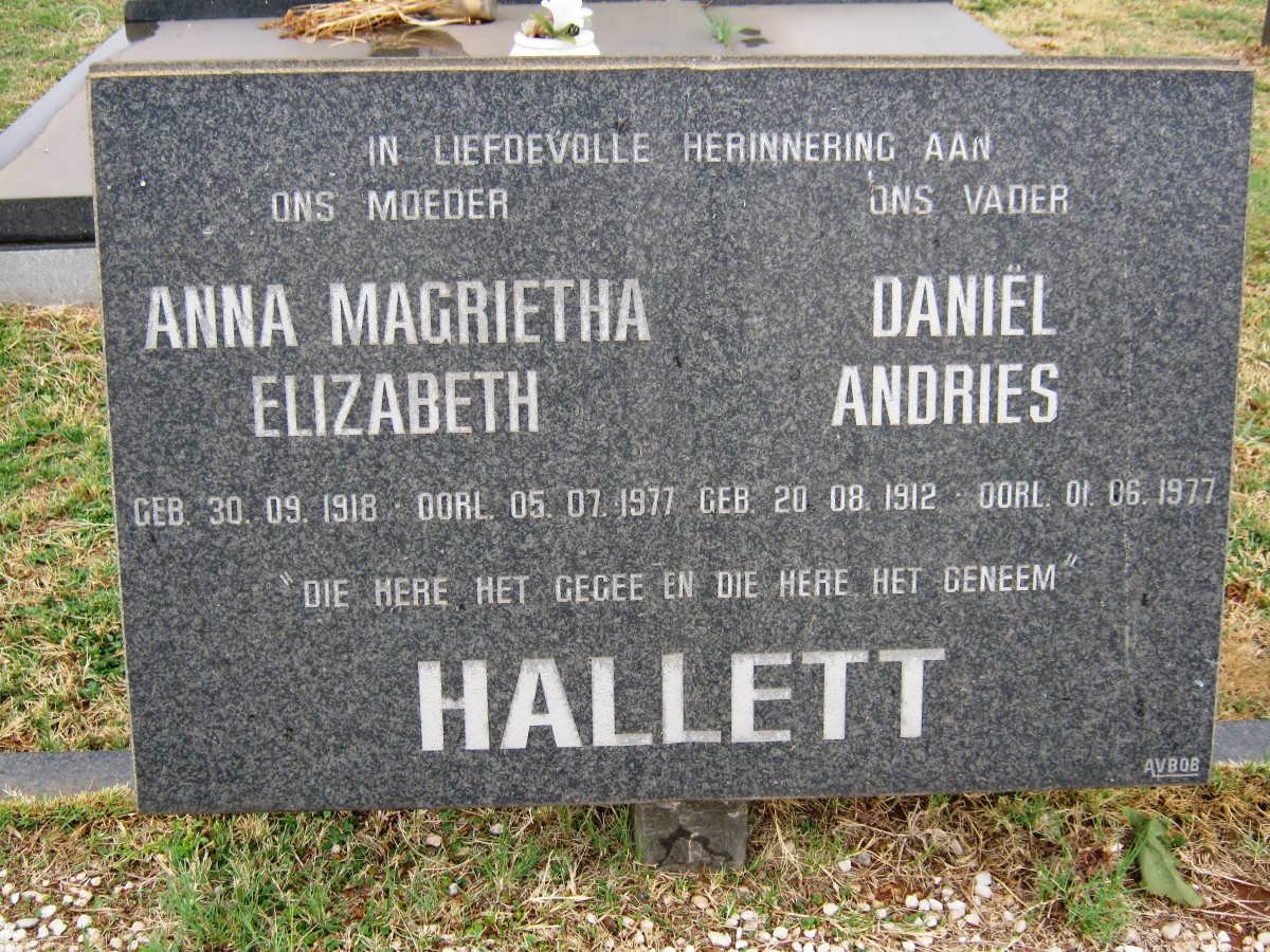 HALLETT Daniël Andries 1912-1977 &amp; Anna Magrietha Elizabeth 1918-1977