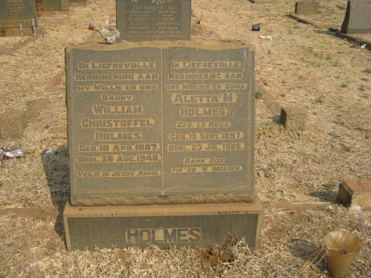 HOLMES William Christoffel 1887-1948 &amp; Aletta M. Le ROUX 1897-1966