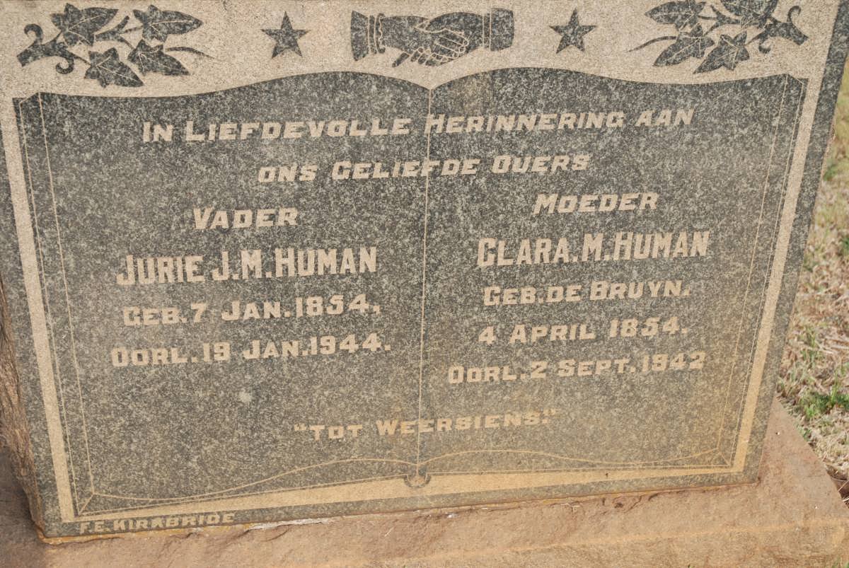 HUMAN Jurie J.M. 1854-1944 &amp; Clara M. DE BRUYN 1854-1942