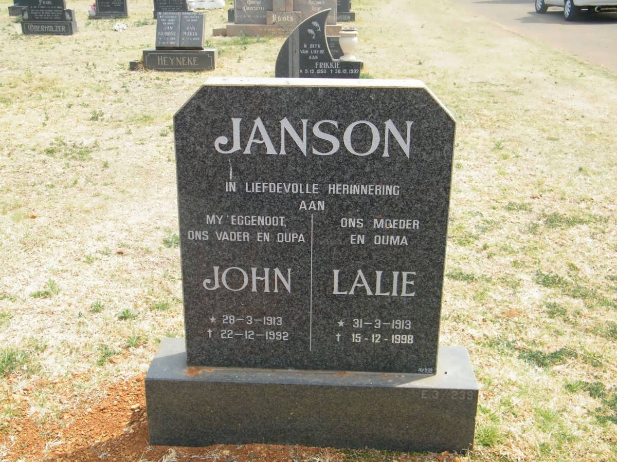 JANSON John 1913-1992 &amp; Lalie 1913-1998