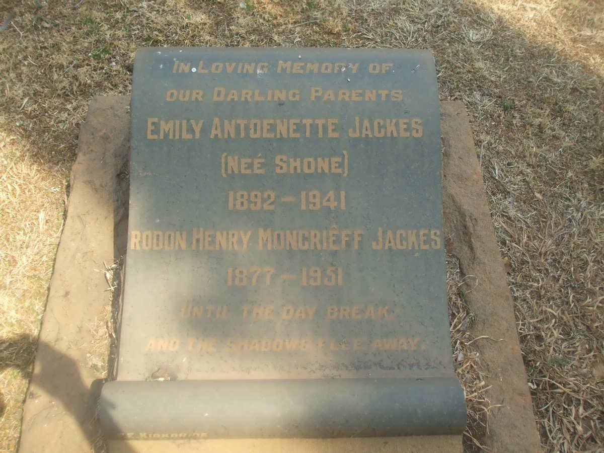 JACKES Rodon Henry Moncriêff 1877-1951 &amp;  Emily Antoenette SHONE 1892-1941