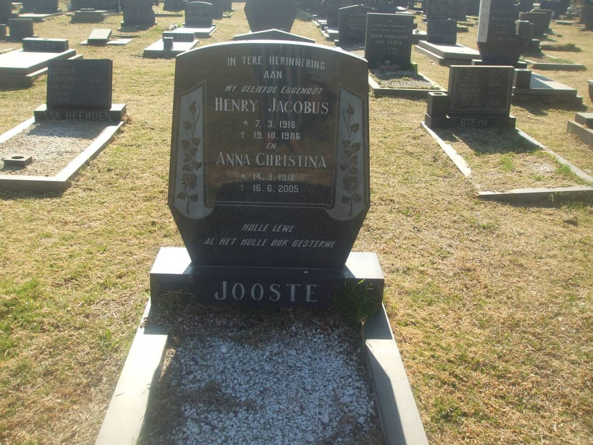 JOOSTE Henry Jacobus 1916-1986 &amp; Anna Christina 1918-2005
