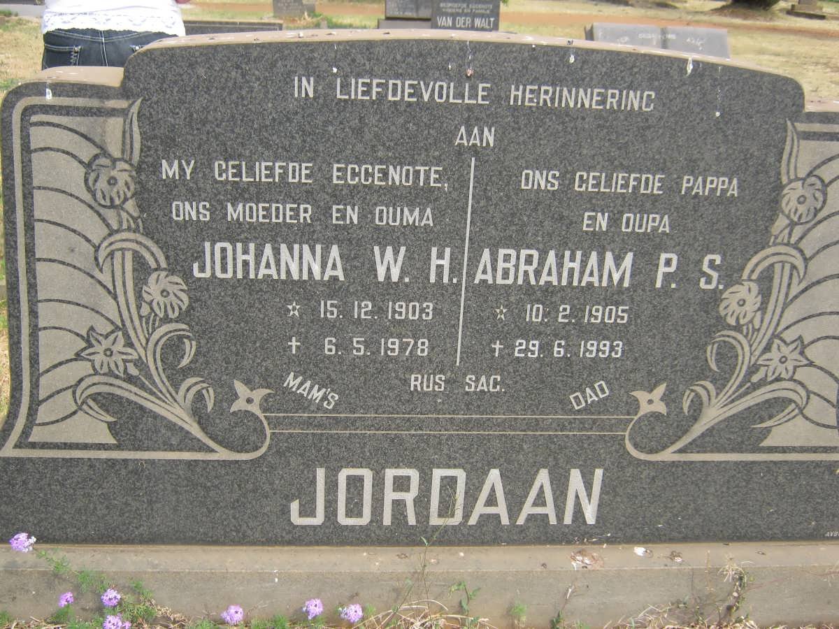 JORDAAN Abraham P.S. 1905-1993 &amp; Johanna W.H. 1903-1978