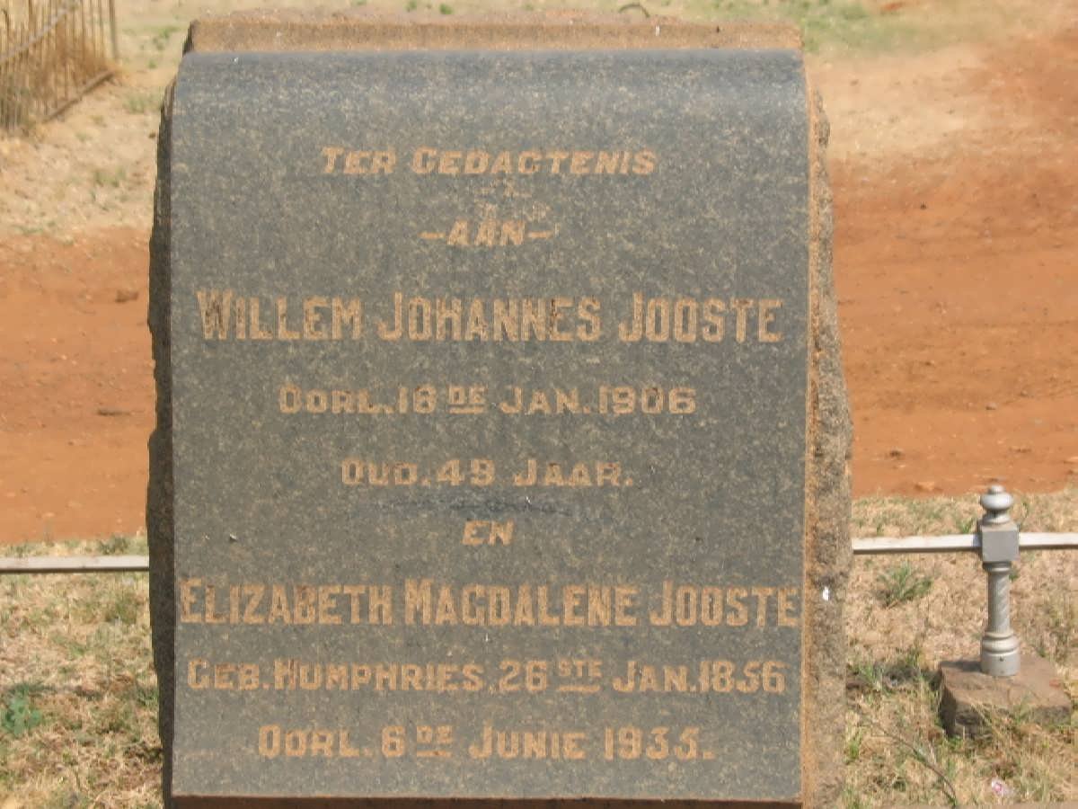 JOOSTE Willem Johannes -1906 &amp; Elizabeth Magdalene HUMPHRIES 1856-1935