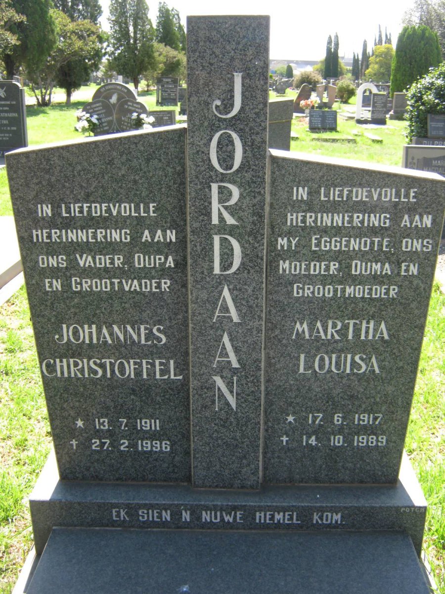 JORDAAN Johannes Christoffel 1911-1996 &amp; Martha Louisa 1917-1989