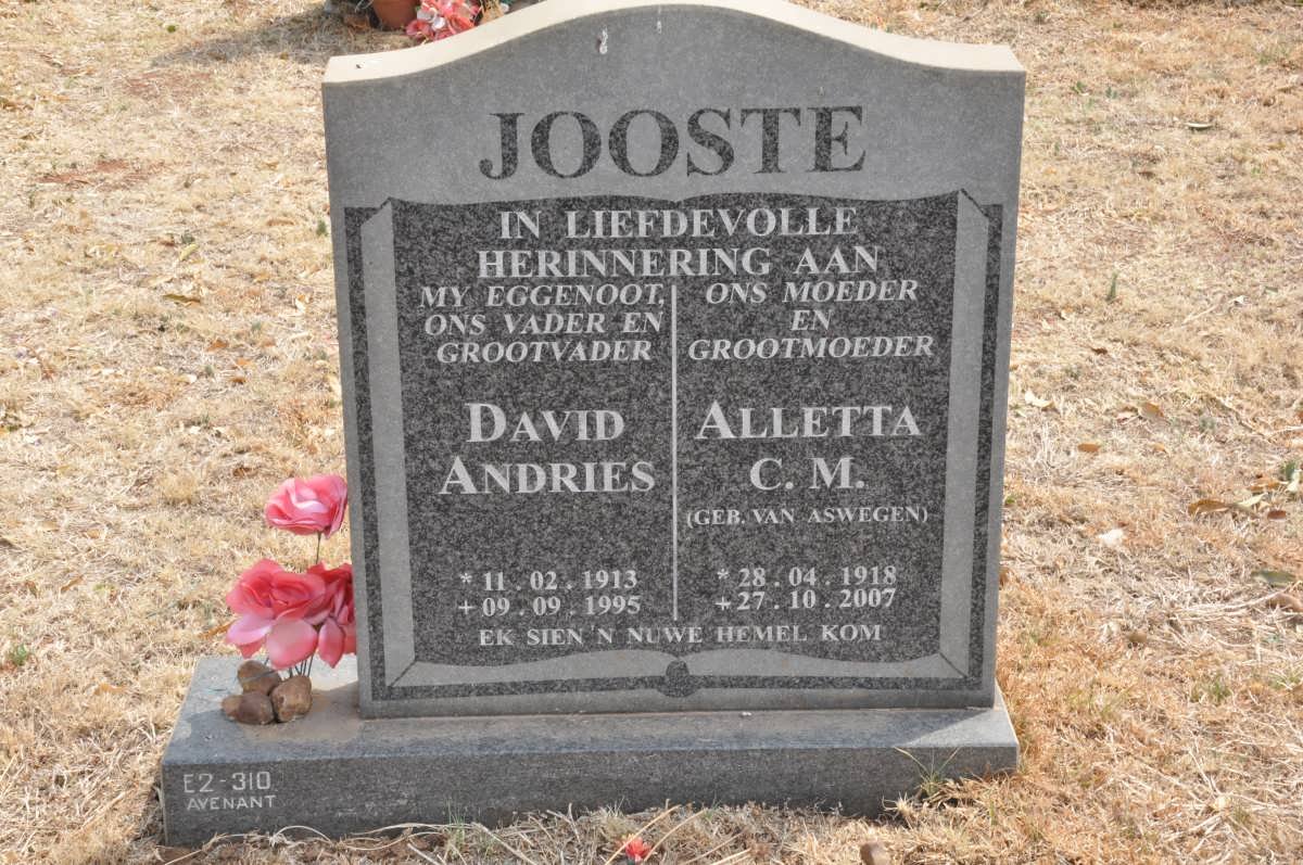 JOOSTE David Andries 1913-1995 &amp; Aletta C.M. VAN ASWEGEN 1918-2007