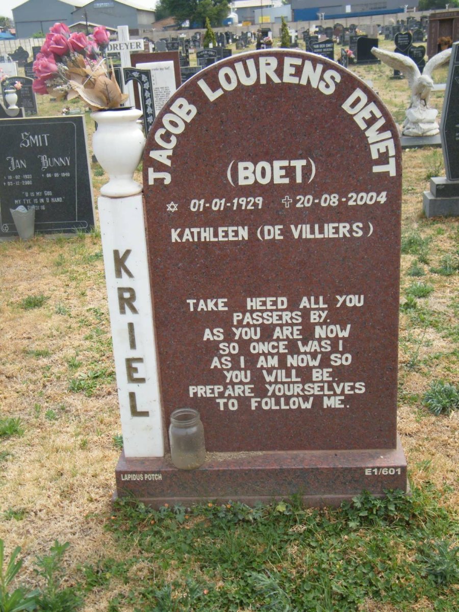 KRIEL Jacob Lourens De wet 1929-2004 &amp; Kathleen DE VILLIERS