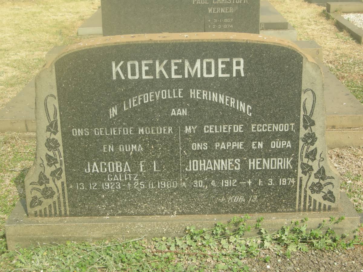 KOEKEMOER Johannes Hendrik 1912-1974 &amp; Jacoba E.L. CALITZ 1923-1980