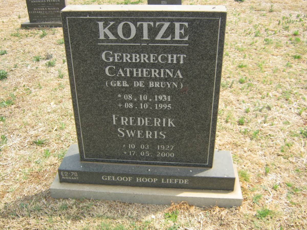 KOTZE Frederik Sweris 1927-2000 &amp; Gerbrecht Catherina DE BRUYN 1931-1995