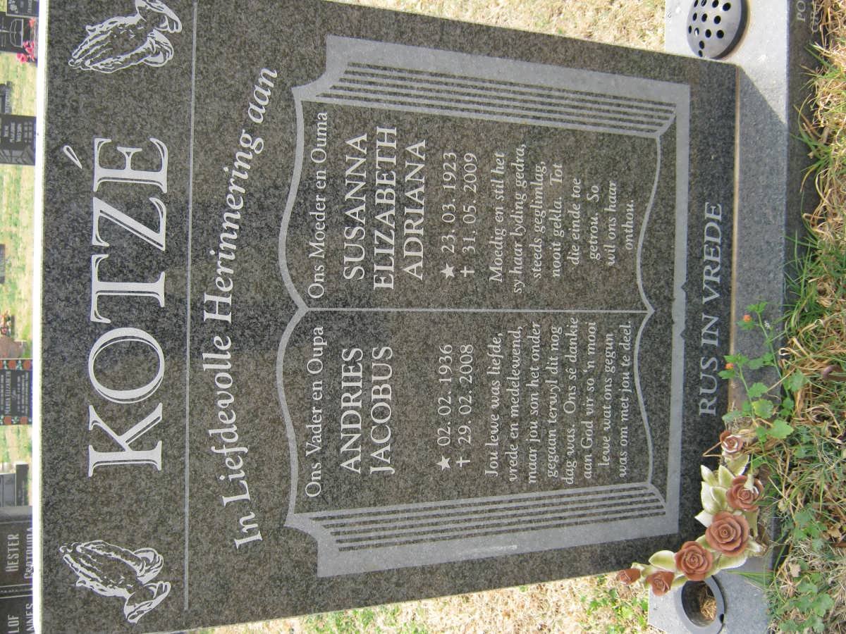 KOTZÉ Andries Jacobus 1936-2008 &amp; Susanna Elizabeth Adriana 1923-2009