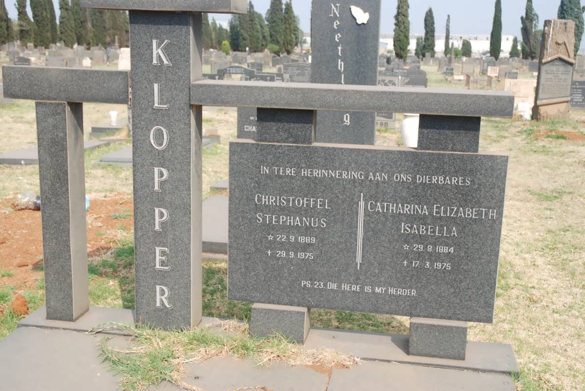 KLOPPER Christoffel Stephanus 1889-1975 &amp; Catharina Elizabeth Isabella 1984-1975