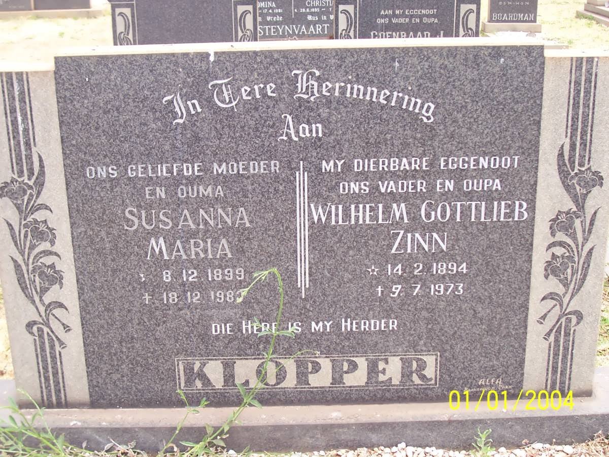 KLOPPER Wilhelm Gottlieb Zinn 1894-1973 &amp; Susanna Maria 1899-1983
