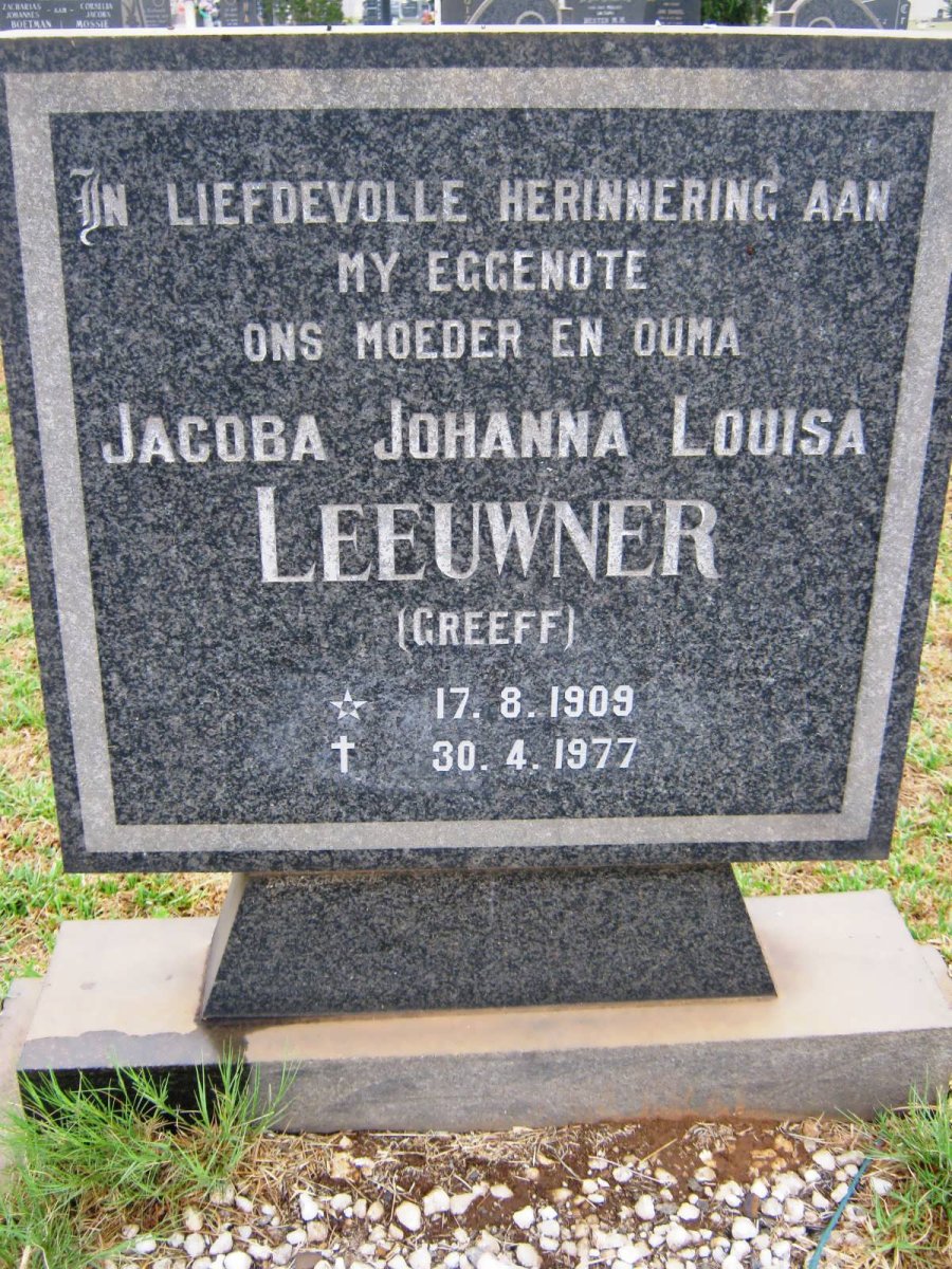 LEEUWNER Jacoba Johanna Louisa nee GREEFF 1909-1977
