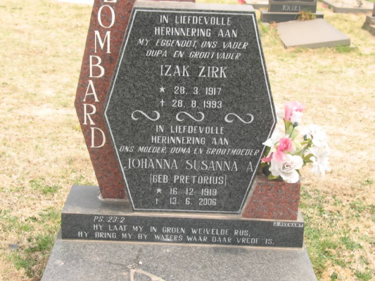 LOMBARD Izak Zirk 1917-1993 &amp; Johanna Susanna A. PRETORIUS 1919-2006