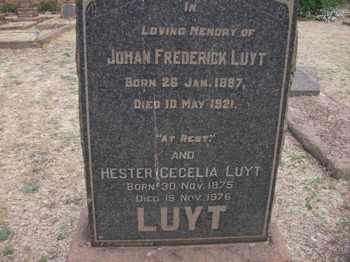 LUYT Johan Frederick 1867-1921 &amp; Hester Cecelia 1875-1976