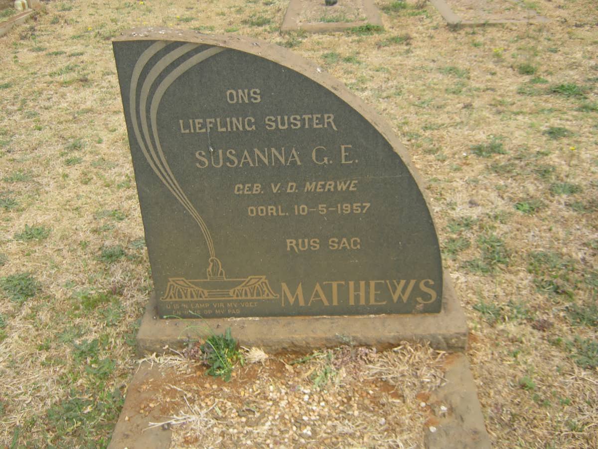 MATHEWS Susanna G.E. nee V.D. MERWE -1957