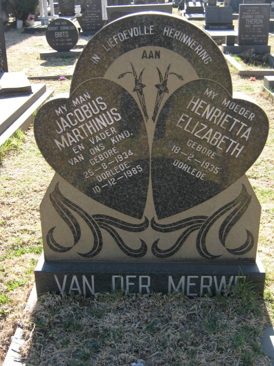 MERWE Jacobus Marthinus, van der 1934-1985 &amp; Henrietta Elizabeth 1935-