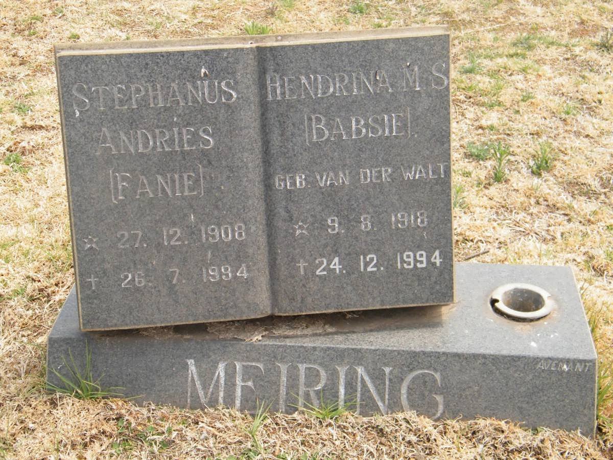 MEIRING Stephanus Andries 1908-1994 &amp; Hendrina M.S. VAN DER WALT 1918-1994
