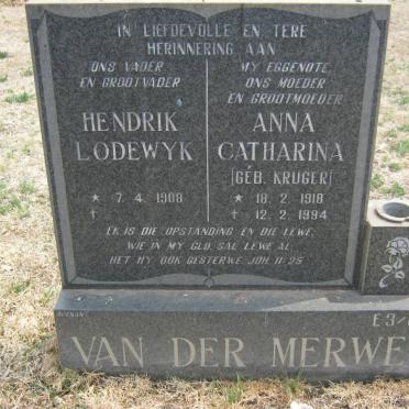 MERWE Hendrik Lodewyk, van der 1908- &amp; Anna Catharina KRUGER 1918-1994