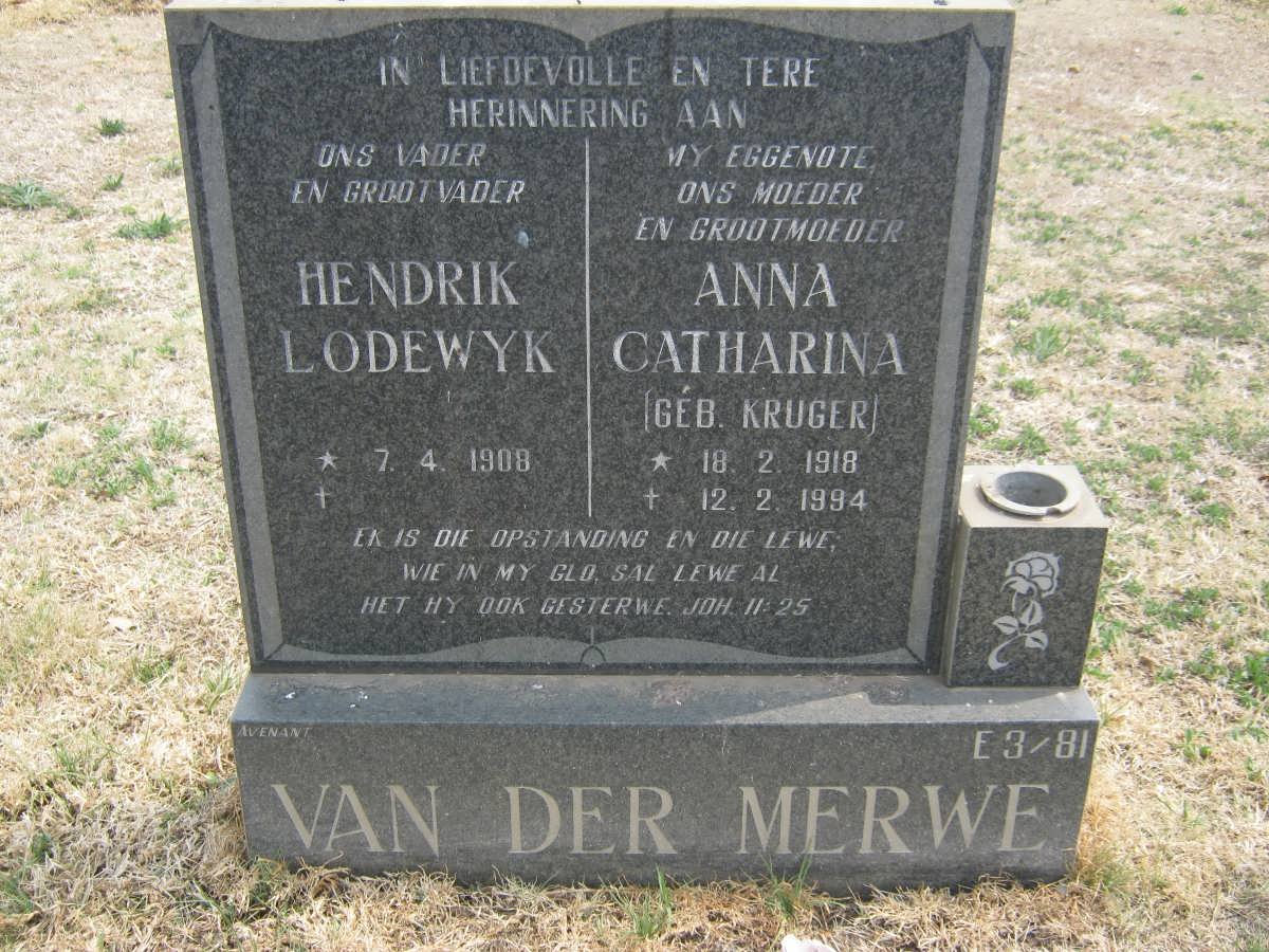 MERWE Hendrik Lodewyk, van der 1908- &amp; Anna Catharina KRUGER 1918-1994