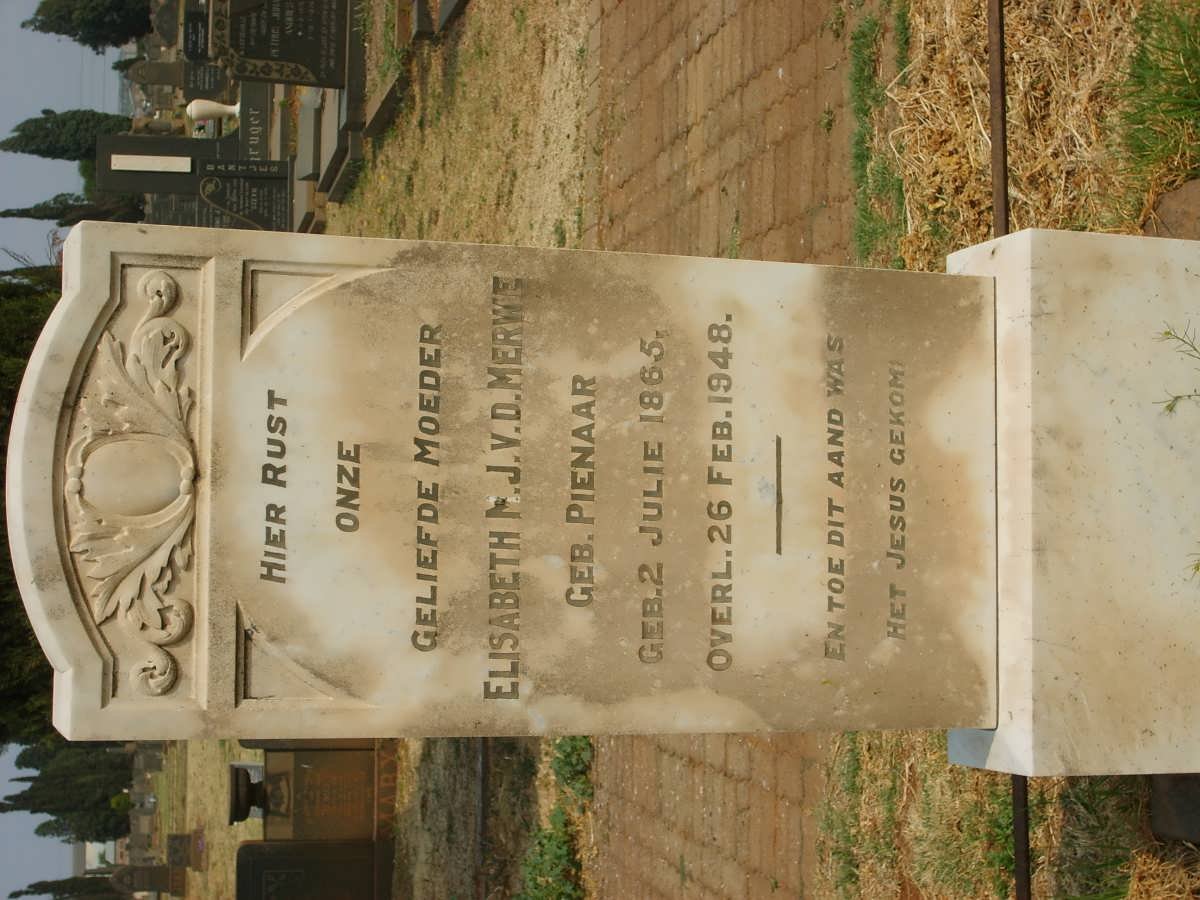 MERWE Elizabeth M. J., v.d. nee PIENAAR 1865-1948