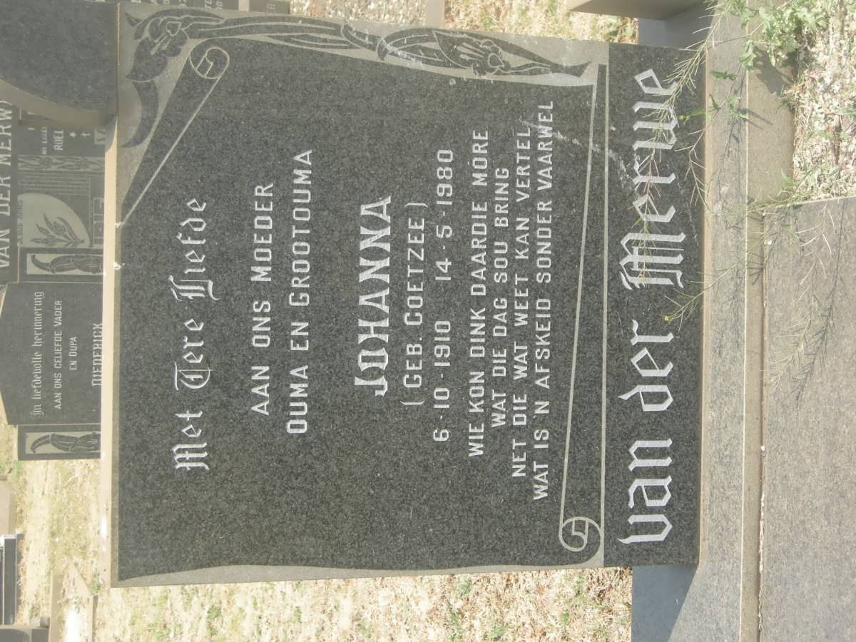 MERWE Johanna, van der nee COETZEE 1910-1980