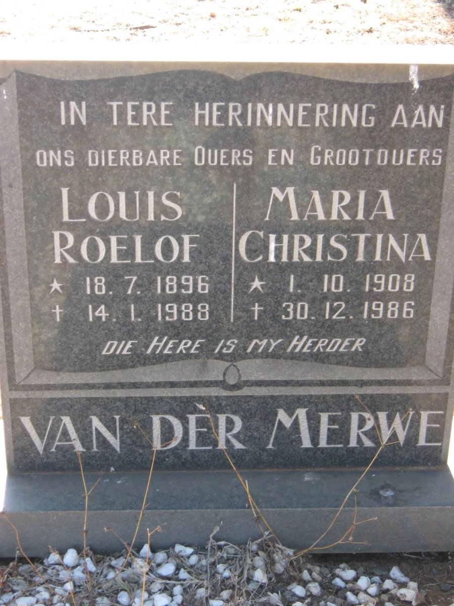 MERWE Louis Roelof, van der 1896-1988 &amp; Maria Christina 1908-1986