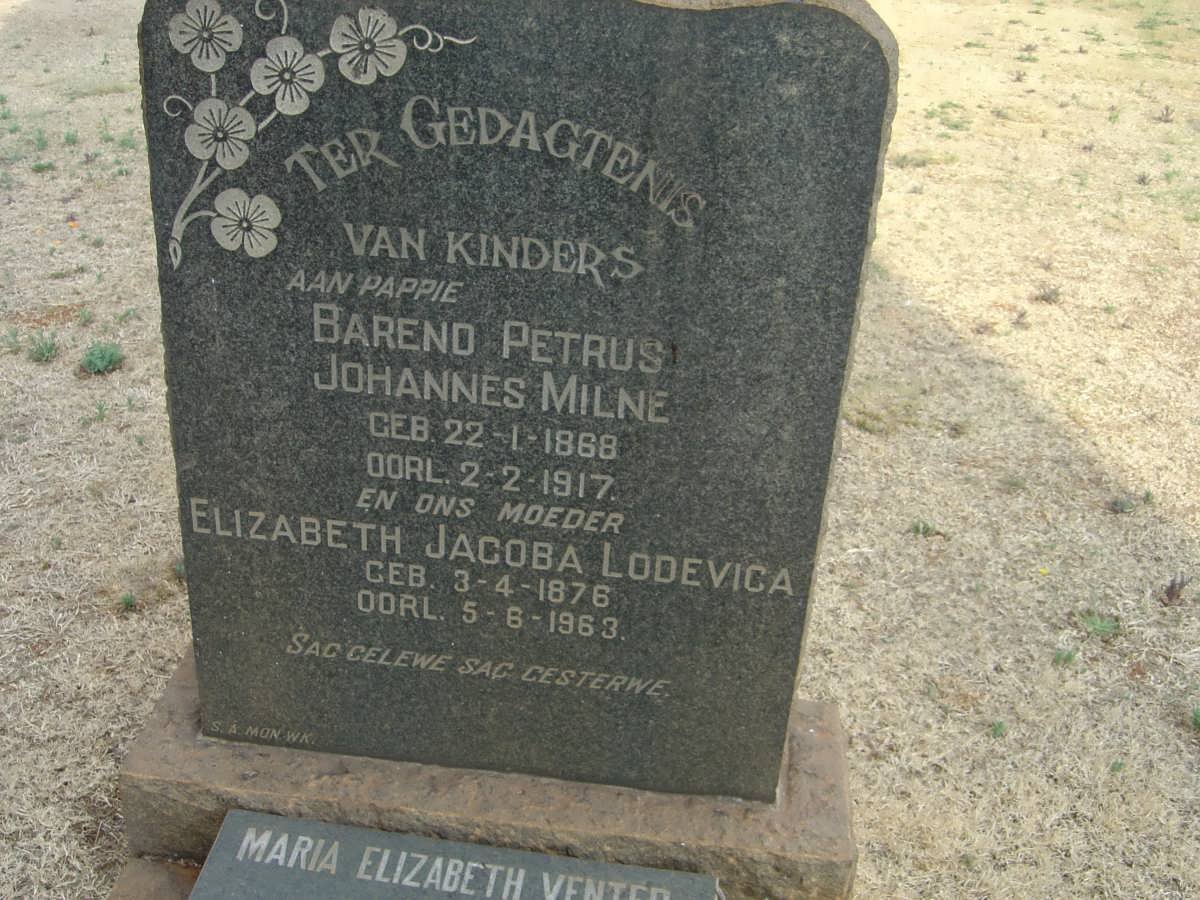 MILNE Barend Petrus Johannes 1868-1917 &amp; Elizabeth Jacoba Lodevica 1876-1963 :: VENTER Maria Elizabeth nee MILNE 1895-1978