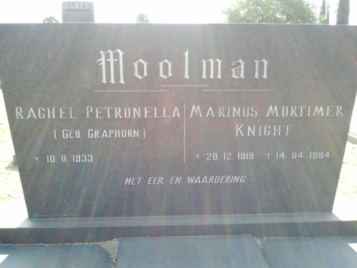MOOLMAN Marinus Mortimer Knight 1919-1984 &amp; Rachel Petronella GRAPHORN 1933-