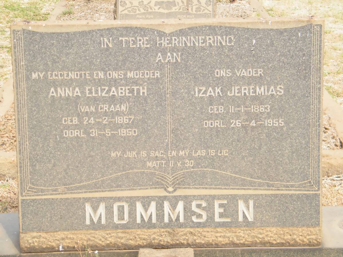 MOMMSEN Izak Jeremias 1863-1955 &amp; Anna Elizabeth VAN GRAAN 1867-1950