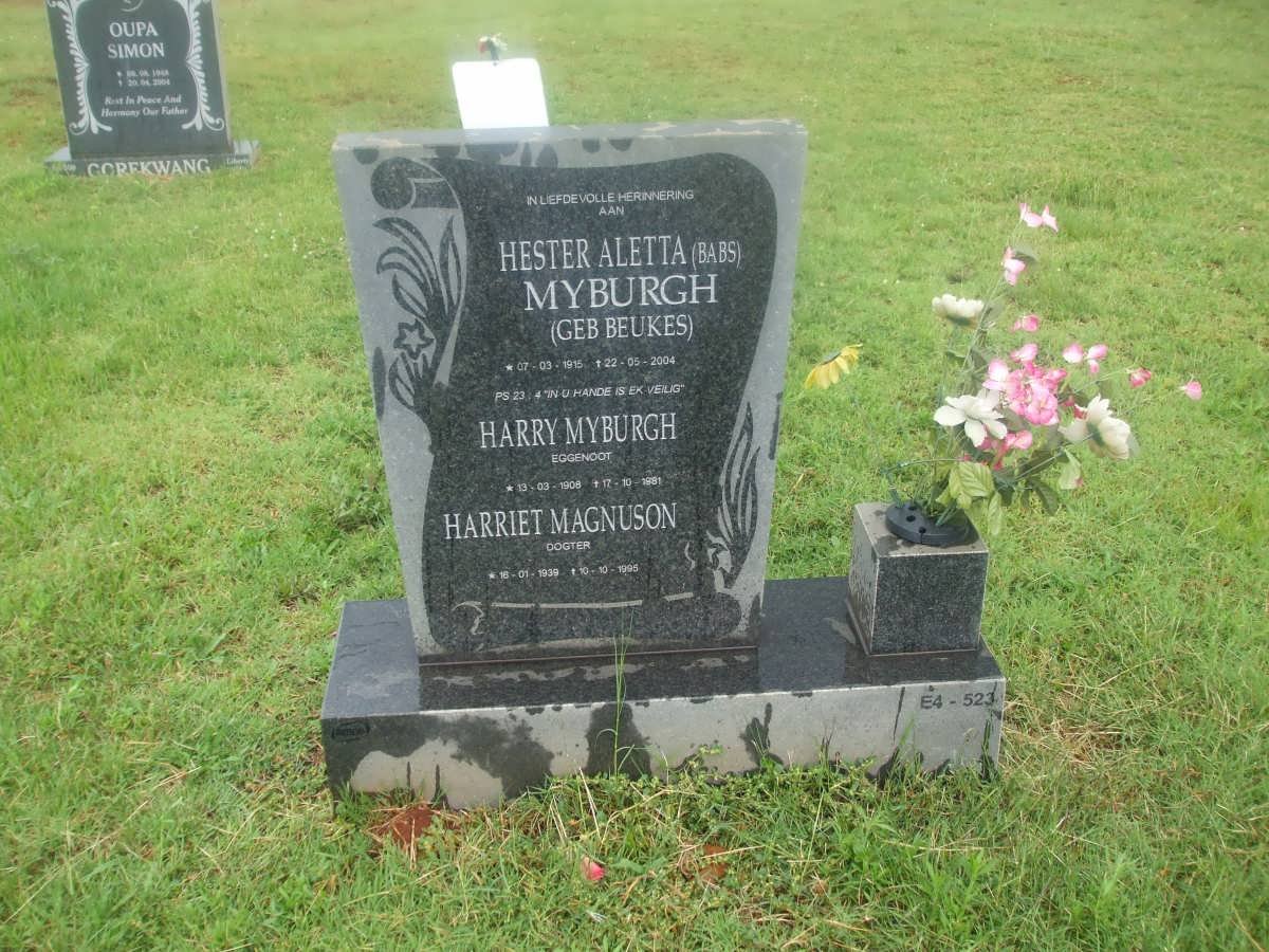 MYBURGH Harry 1908-1981 &amp; Hester Aletta nee BEUKES 1915-2004 :: MAGNUSON Harriet 1939-1995