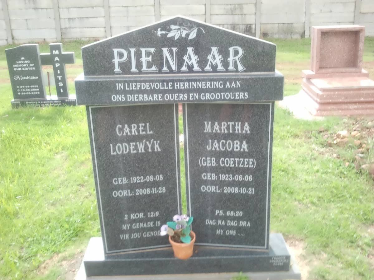 PIENAAR Carel Lodewyk 1922-2008 &amp; Martha Jacoba COETZEE 1923-2008