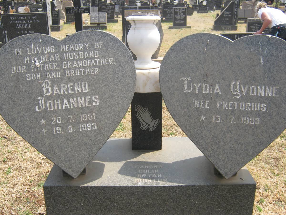 PIENAAR Barend Johannes 1951-1993 &amp; Lydia Yvonne PRETORIUS 1953-