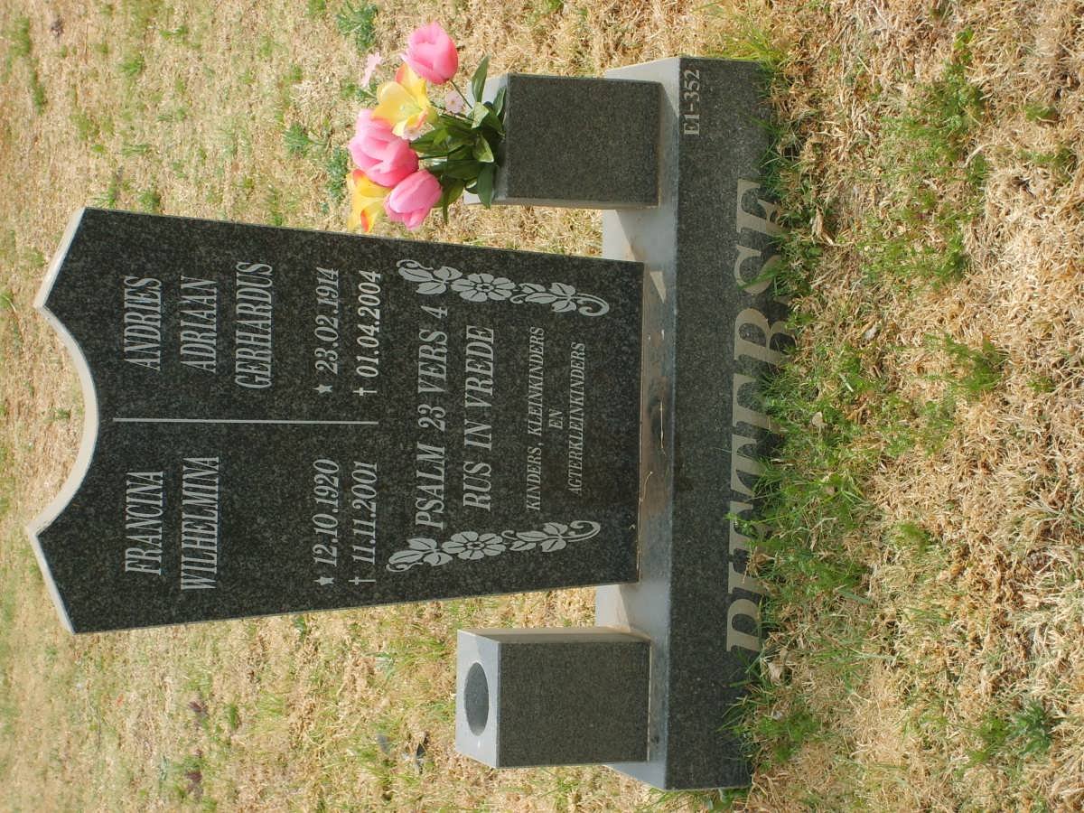 PIETERSE Andries Adriaan Gerhardus 1944-2004 &amp; Francina Wilhelmina 1920-2001