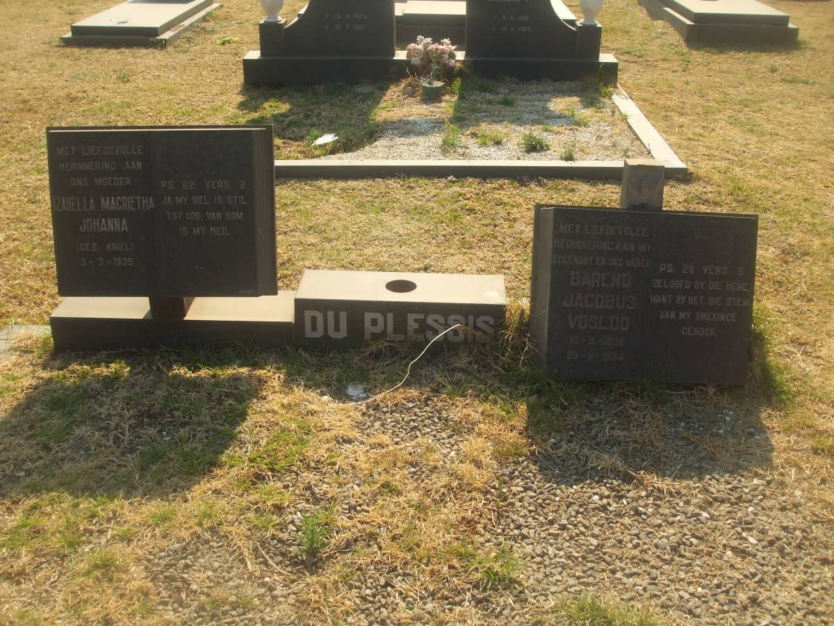 PLESSIS Barend Jacobus Vosloo, du 192?-1984 &amp; Izabella Magrietha Johanna KRIEL 1939-