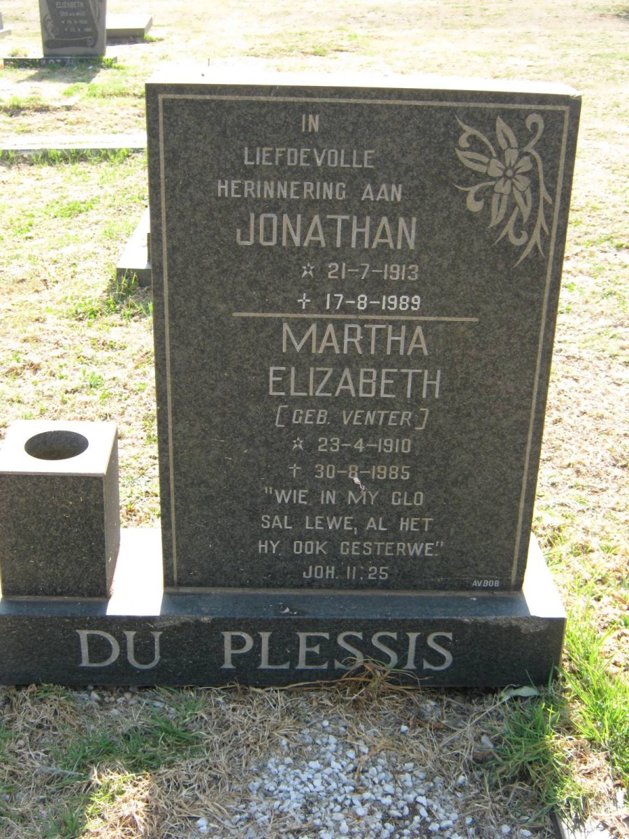 PLESSIS Jonathan, du 1913-1989 &amp; Martha Elizabeth VENTER 1910-1985